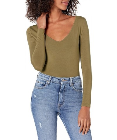 Women's Patricia Long-sleeve Deep V-neck Second Skin Bodysuit Capers $12.20 Bodysuits