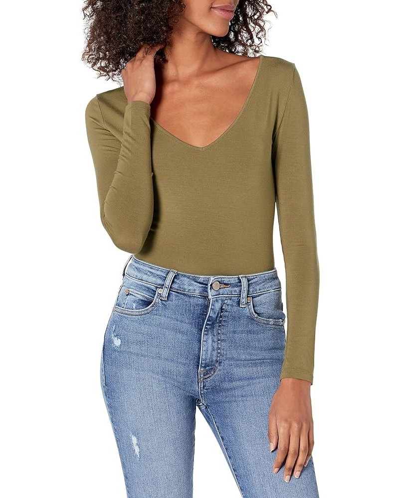 Women's Patricia Long-sleeve Deep V-neck Second Skin Bodysuit Capers $12.20 Bodysuits