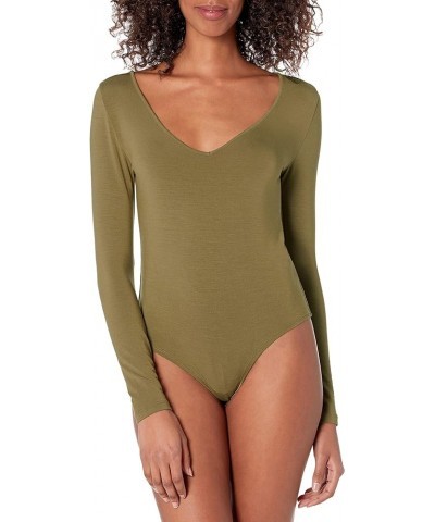 Women's Patricia Long-sleeve Deep V-neck Second Skin Bodysuit Capers $12.20 Bodysuits