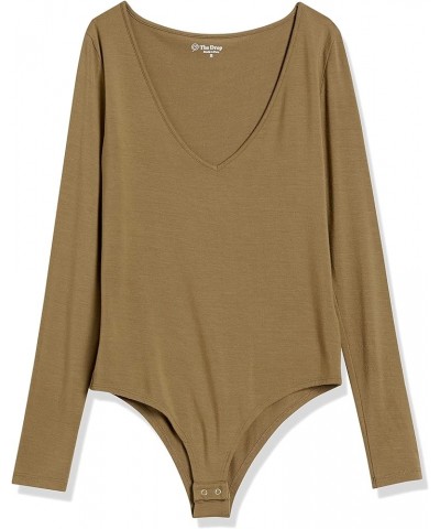 Women's Patricia Long-sleeve Deep V-neck Second Skin Bodysuit Capers $12.20 Bodysuits