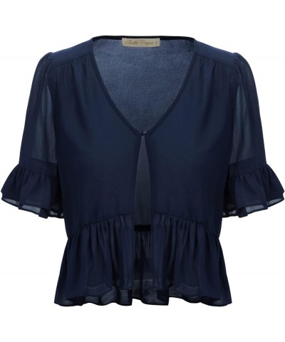 Women's Lightweight Summer Short Sleeve Open Front Shrugs Cardigans Vintage Soft Layered Ruffle Sweaters Navy Blue $8.84 Swea...