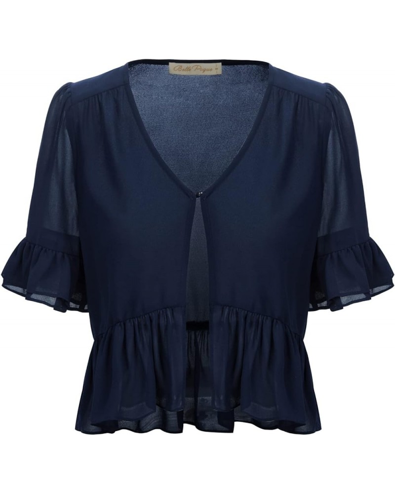 Women's Lightweight Summer Short Sleeve Open Front Shrugs Cardigans Vintage Soft Layered Ruffle Sweaters Navy Blue $8.84 Swea...