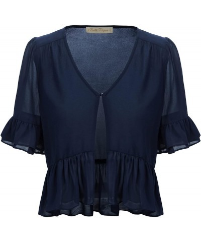 Women's Lightweight Summer Short Sleeve Open Front Shrugs Cardigans Vintage Soft Layered Ruffle Sweaters Navy Blue $8.84 Swea...