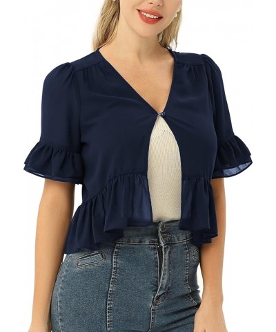 Women's Lightweight Summer Short Sleeve Open Front Shrugs Cardigans Vintage Soft Layered Ruffle Sweaters Navy Blue $8.84 Swea...