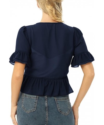 Women's Lightweight Summer Short Sleeve Open Front Shrugs Cardigans Vintage Soft Layered Ruffle Sweaters Navy Blue $8.84 Swea...