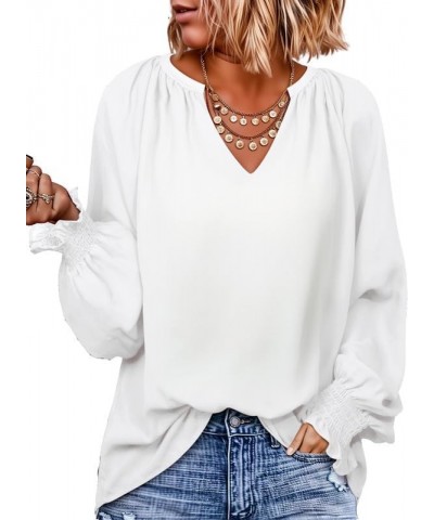 Womens Casual V Neck Loose Long Sleeve Chiffon Blouse Shirt Pleated Flowy Tunic Tops L White $16.89 Blouses