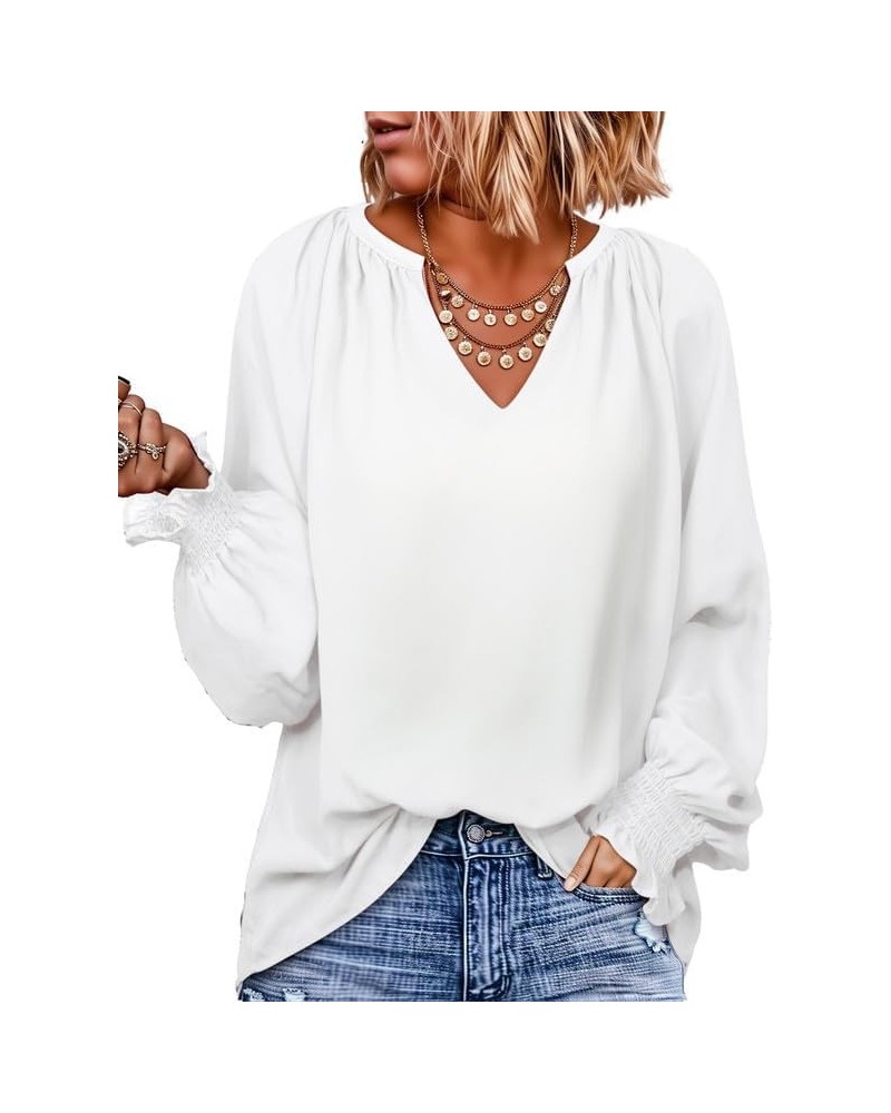 Womens Casual V Neck Loose Long Sleeve Chiffon Blouse Shirt Pleated Flowy Tunic Tops L White $16.89 Blouses