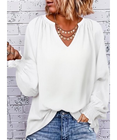 Womens Casual V Neck Loose Long Sleeve Chiffon Blouse Shirt Pleated Flowy Tunic Tops L White $16.89 Blouses