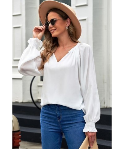 Womens Casual V Neck Loose Long Sleeve Chiffon Blouse Shirt Pleated Flowy Tunic Tops L White $16.89 Blouses