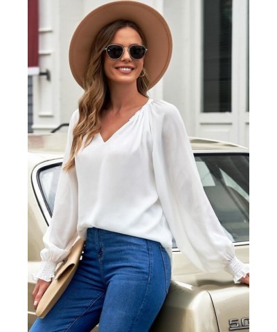 Womens Casual V Neck Loose Long Sleeve Chiffon Blouse Shirt Pleated Flowy Tunic Tops L White $16.89 Blouses