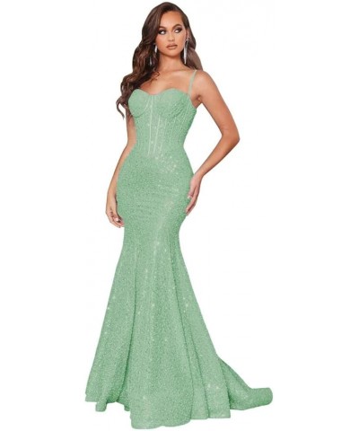 Sequin Mermaid Prom Dresses for Women 2024 Spaghetti Straps Sparkly Evening Formal Gown Sage Green $33.14 Dresses