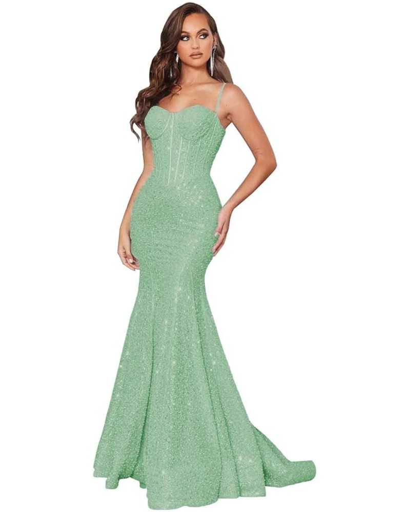 Sequin Mermaid Prom Dresses for Women 2024 Spaghetti Straps Sparkly Evening Formal Gown Sage Green $33.14 Dresses