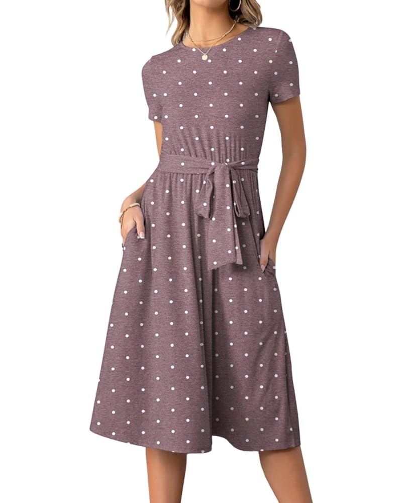 Women's Short Sleeve Striped Casual Flowy Midi Belt Dress with Pockets Hx220 Polka Dots Wine $15.20 Dresses