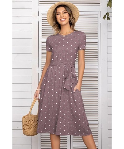 Women's Short Sleeve Striped Casual Flowy Midi Belt Dress with Pockets Hx220 Polka Dots Wine $15.20 Dresses