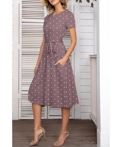 Women's Short Sleeve Striped Casual Flowy Midi Belt Dress with Pockets Hx220 Polka Dots Wine $15.20 Dresses