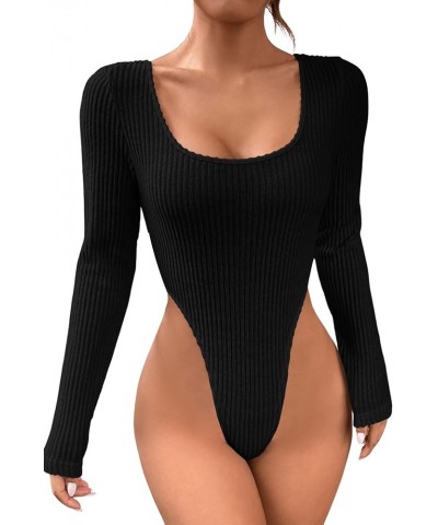 Women's Long Sleeve Scoop Neck High Cut Slim Fit Rib Knit Bodysuit Shirt Black $15.65 Bodysuits