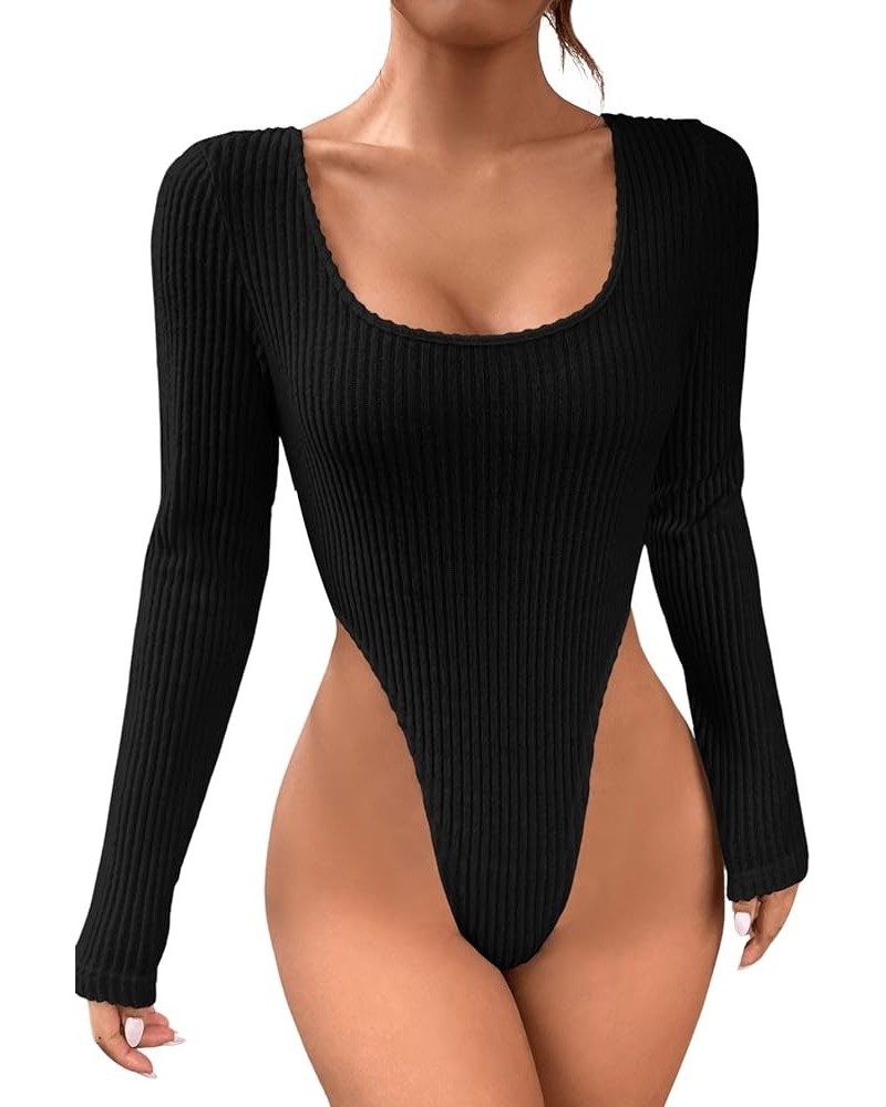 Women's Long Sleeve Scoop Neck High Cut Slim Fit Rib Knit Bodysuit Shirt Black $15.65 Bodysuits