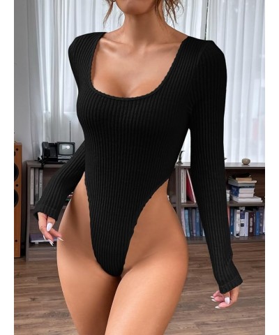 Women's Long Sleeve Scoop Neck High Cut Slim Fit Rib Knit Bodysuit Shirt Black $15.65 Bodysuits