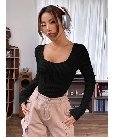 Women's Long Sleeve Scoop Neck High Cut Slim Fit Rib Knit Bodysuit Shirt Black $15.65 Bodysuits