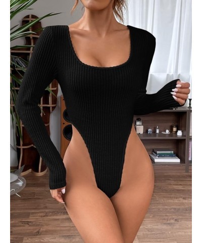 Women's Long Sleeve Scoop Neck High Cut Slim Fit Rib Knit Bodysuit Shirt Black $15.65 Bodysuits