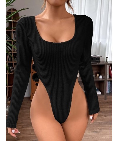 Women's Long Sleeve Scoop Neck High Cut Slim Fit Rib Knit Bodysuit Shirt Black $15.65 Bodysuits