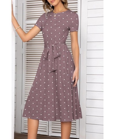 Women's Short Sleeve Striped Casual Flowy Midi Belt Dress with Pockets Hx220 Polka Dots Wine $15.20 Dresses