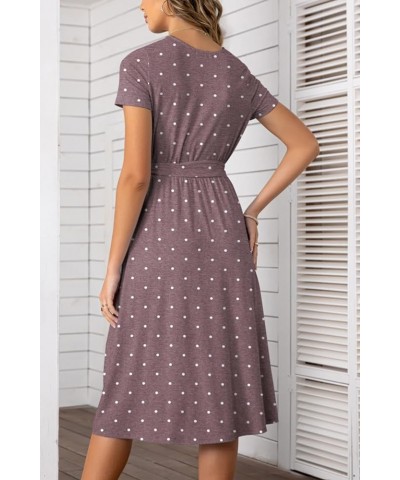 Women's Short Sleeve Striped Casual Flowy Midi Belt Dress with Pockets Hx220 Polka Dots Wine $15.20 Dresses