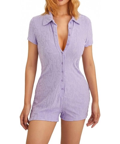 Women Shorts Jumpsuit Short Sleeve V Neck One Piece Romper Collared Plaid Button-down Playsuit Overall Letter/Purple $12.95 R...