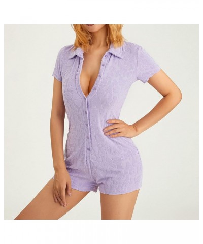 Women Shorts Jumpsuit Short Sleeve V Neck One Piece Romper Collared Plaid Button-down Playsuit Overall Letter/Purple $12.95 R...