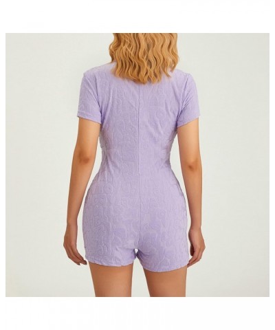 Women Shorts Jumpsuit Short Sleeve V Neck One Piece Romper Collared Plaid Button-down Playsuit Overall Letter/Purple $12.95 R...