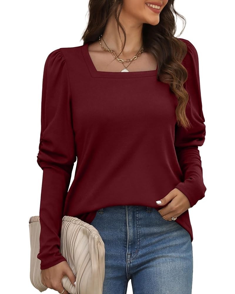 Long Sleeve Shirts for Women Tunic Tops Puff Sleeve Shirt Square Neck Top 006-burgundy $9.51 Tops