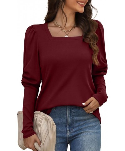 Long Sleeve Shirts for Women Tunic Tops Puff Sleeve Shirt Square Neck Top 006-burgundy $9.51 Tops