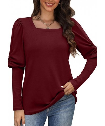 Long Sleeve Shirts for Women Tunic Tops Puff Sleeve Shirt Square Neck Top 006-burgundy $9.51 Tops