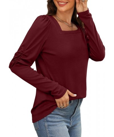 Long Sleeve Shirts for Women Tunic Tops Puff Sleeve Shirt Square Neck Top 006-burgundy $9.51 Tops