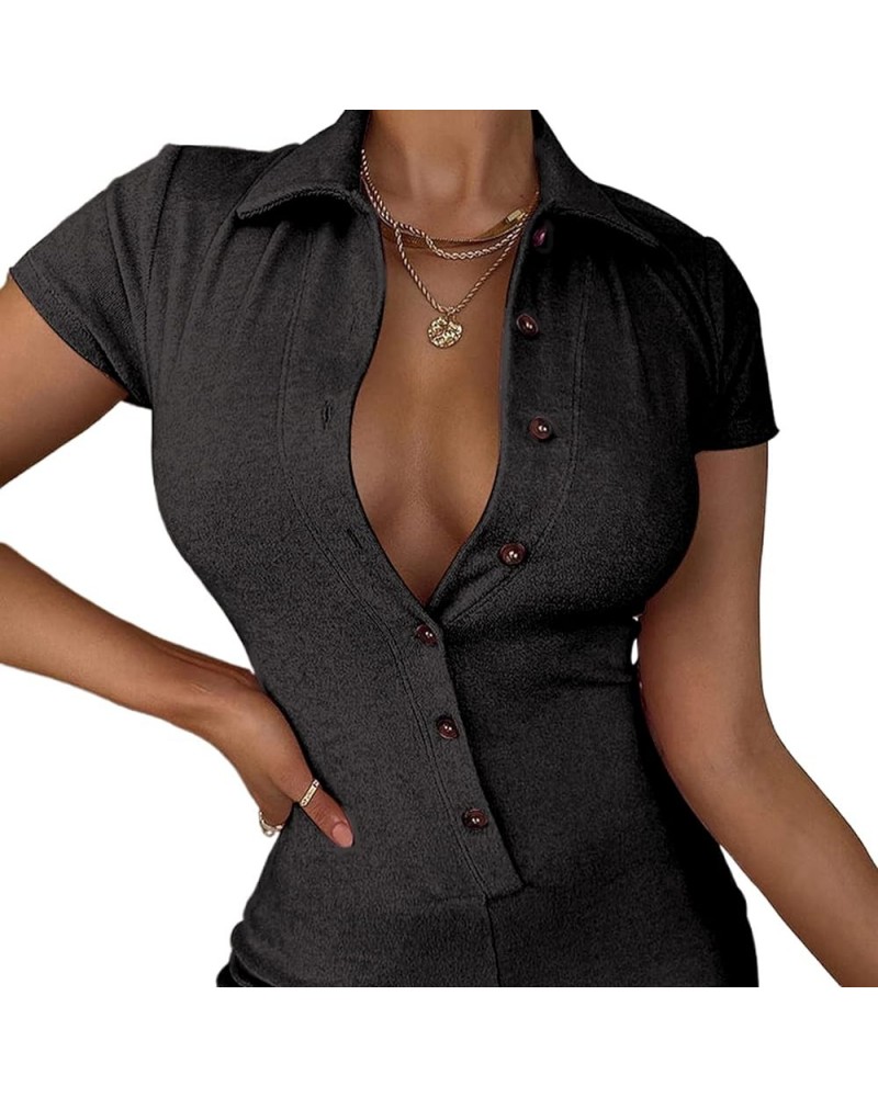 Short Sleeve Jumpsuit for Women Bodycon Sexy V Neck Knitted Button Rompers Shorts One Piece Bodysuit Overall Dblack $11.20 Ju...