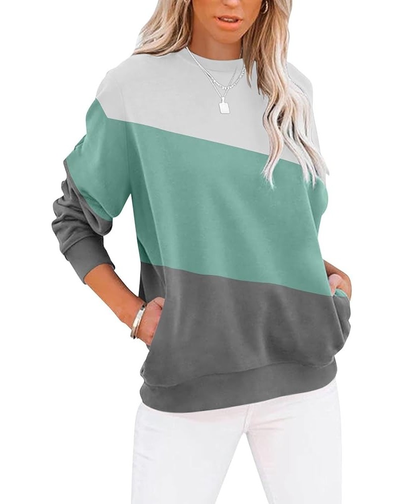 Women's Casual Long Sleeve Color Block/Solid Tops Crewneck Sweatshirts Cute Loose Fit Pullover with Pockets G- White Mint Gre...