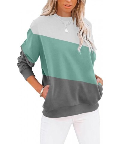 Women's Casual Long Sleeve Color Block/Solid Tops Crewneck Sweatshirts Cute Loose Fit Pullover with Pockets G- White Mint Gre...