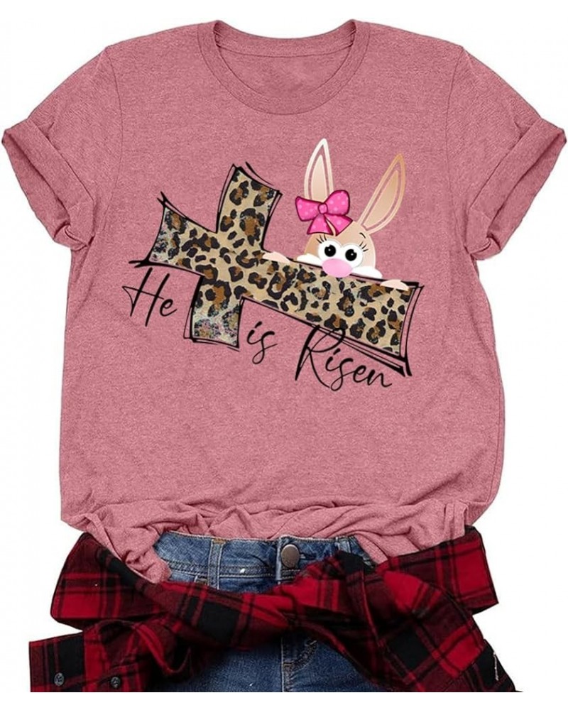 Women Easter Day Shirts Bunny Rabbit Letter Printed T-Shirt Short Sleeve Graphic Tee Tops Risen-pink $10.59 T-Shirts