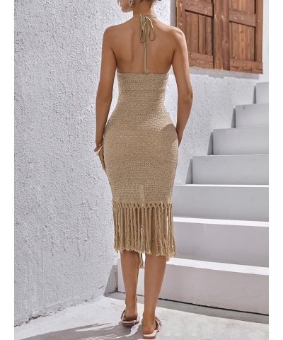 Women's Asymmetrical Fringe Hem Sleeveless Bodycon Party Long Dress Khaki Solid $21.16 Dresses