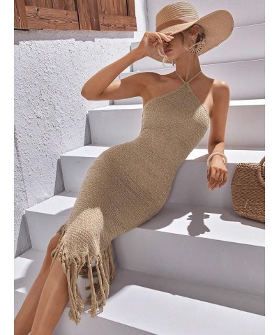 Women's Asymmetrical Fringe Hem Sleeveless Bodycon Party Long Dress Khaki Solid $21.16 Dresses