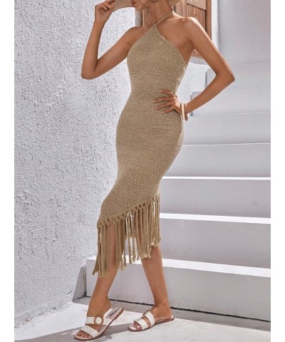 Women's Asymmetrical Fringe Hem Sleeveless Bodycon Party Long Dress Khaki Solid $21.16 Dresses