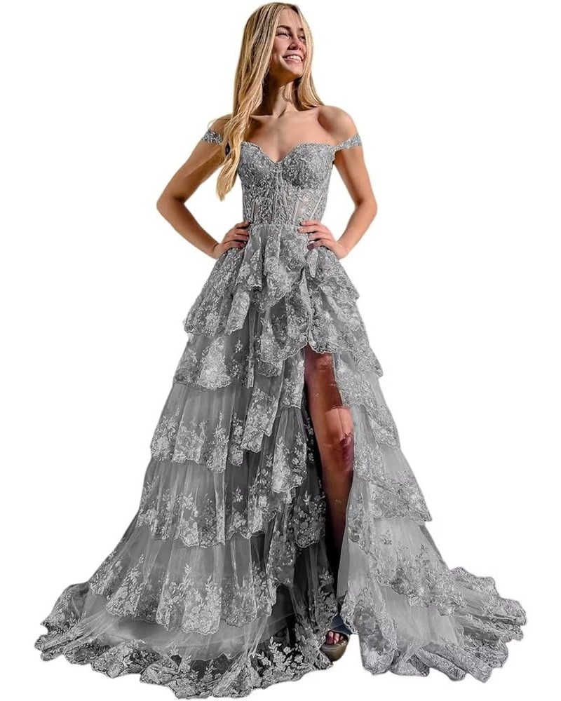 Glitter Tiered Prom Dresses for Women 2024 Tulle Off Shoulder Formal Party Dress SYYS403 Grey $38.54 Dresses