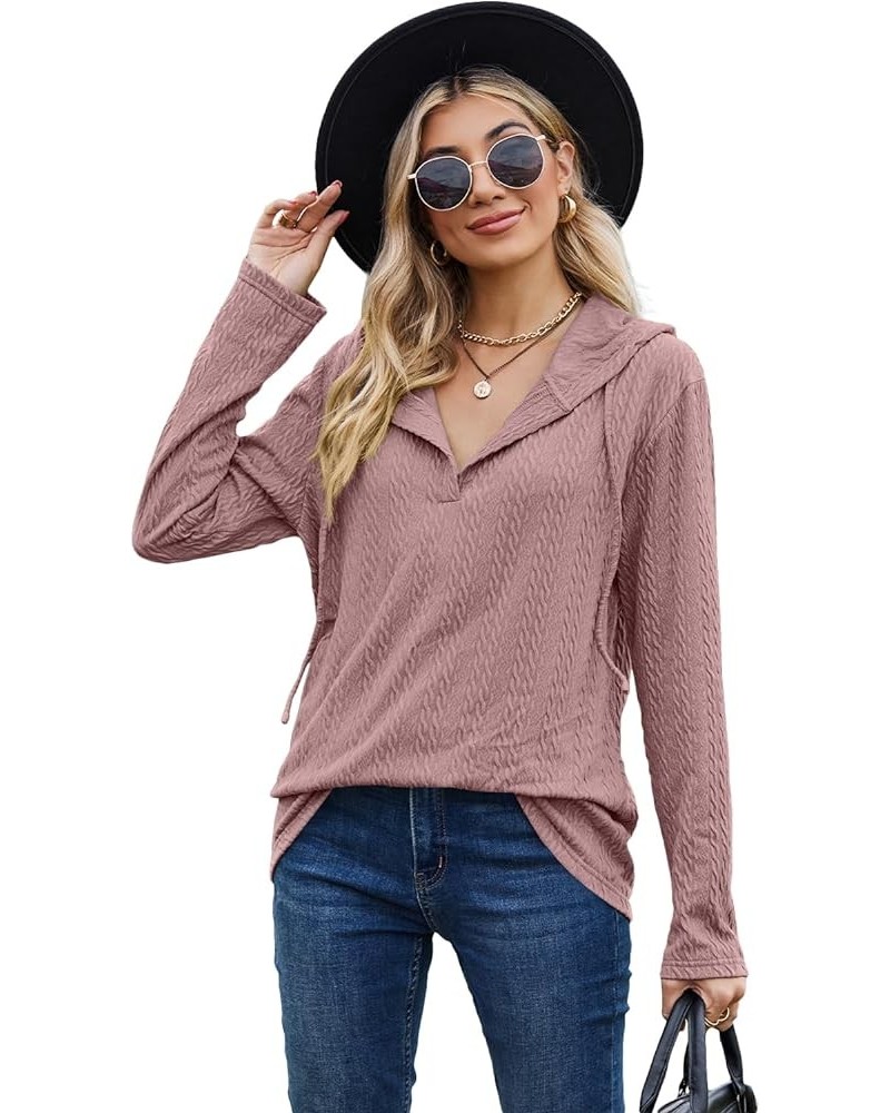 Womens Knit Solid Color Casual Hoodies Tops Lightweight Long Sleeve Drawstring Loose Sweatshirts With Pocket B-pink $12.90 Ho...