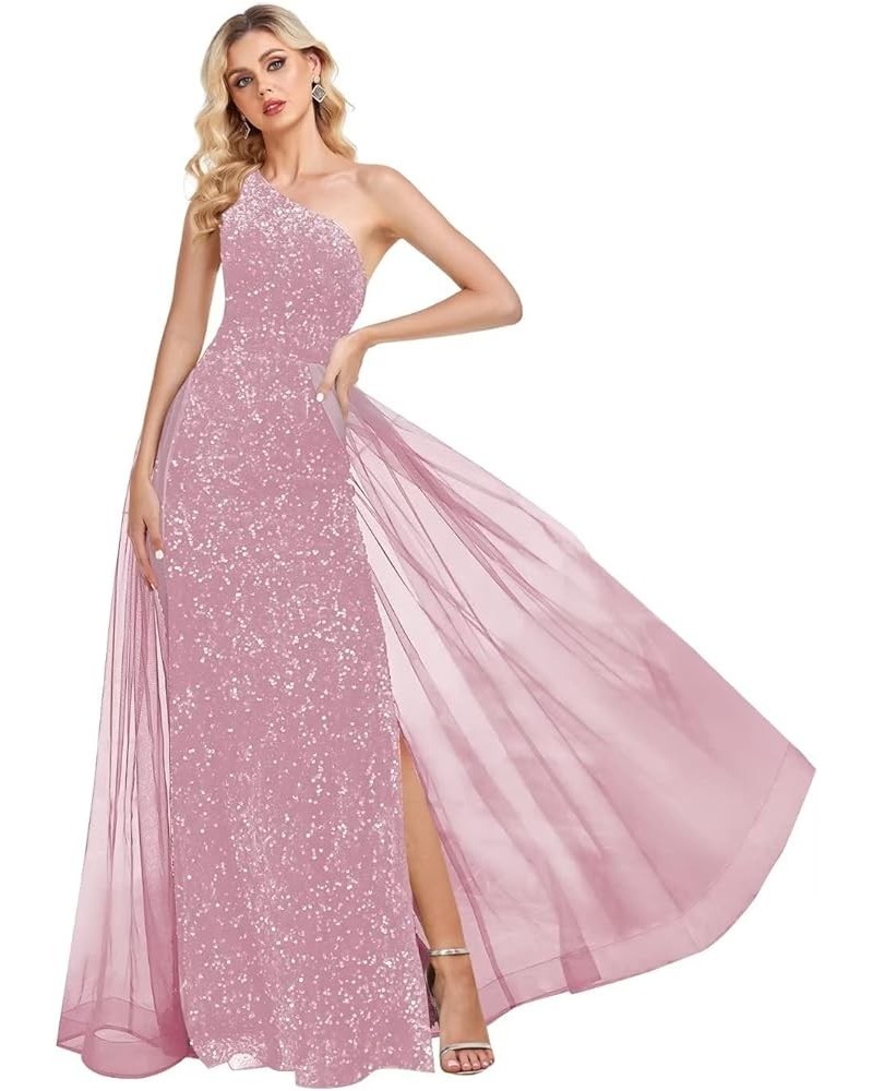 One Shoulder Sequin Prom Dresses for Women 2024 Tulle Ball Gown Long Mermaid Formal Evening Gowns Dusty Pink $46.20 Dresses