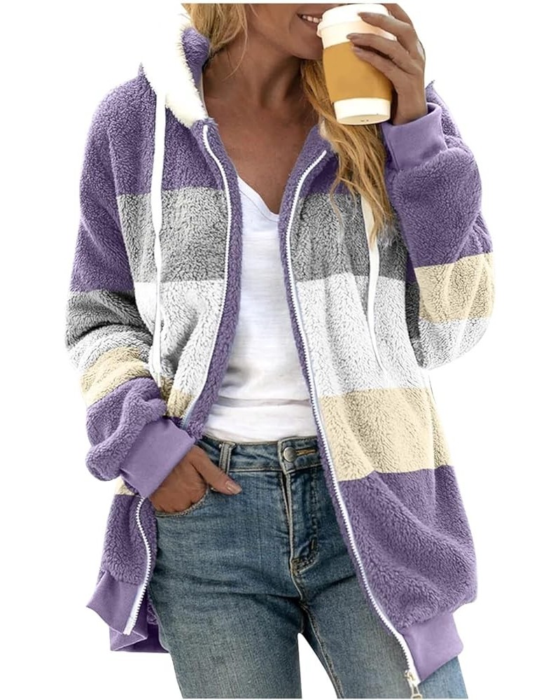 Womens Winter Fuzzy Jackets 2023 Color Block Hooded Coats Oversized Fluffy Sherpa Coats Outerwear Hoodies Cardigans 06-purple...