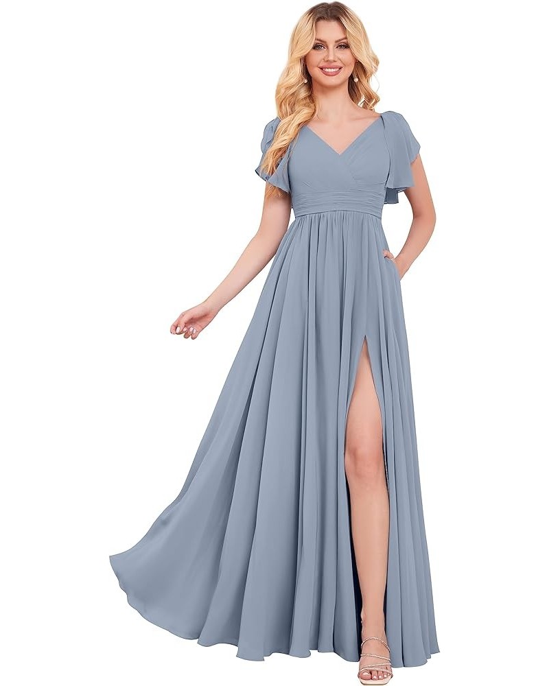 Women's Chiffon Long Bridesmaid Dresses with Sleeves V Neck Pleated Formal Evening Gown with Slit Dusty Blue $26.40 Dresses