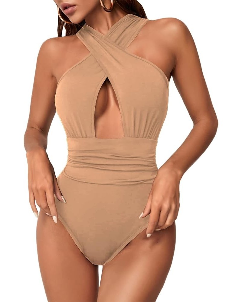 Women's Sexy Cross Wrap Cutout Sleeveless Solid High Waist Halter Bodysuit Camel $12.32 Bodysuits