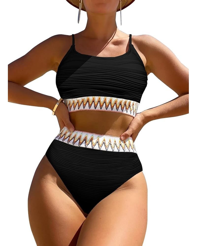 Ribbed Contrast High Waisted Tummy Control Bikini Set Spandex Swimsuit 2 Piece Chevron Black $18.86 Swimsuits