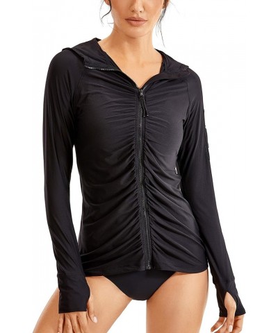 Women's UPF 50+ Long Sleeve Rash Guard Ruched - Zipper Front Hoodie Swimsuit Cover Ups Quick Dry Swim Shirts Black $11.60 Swi...