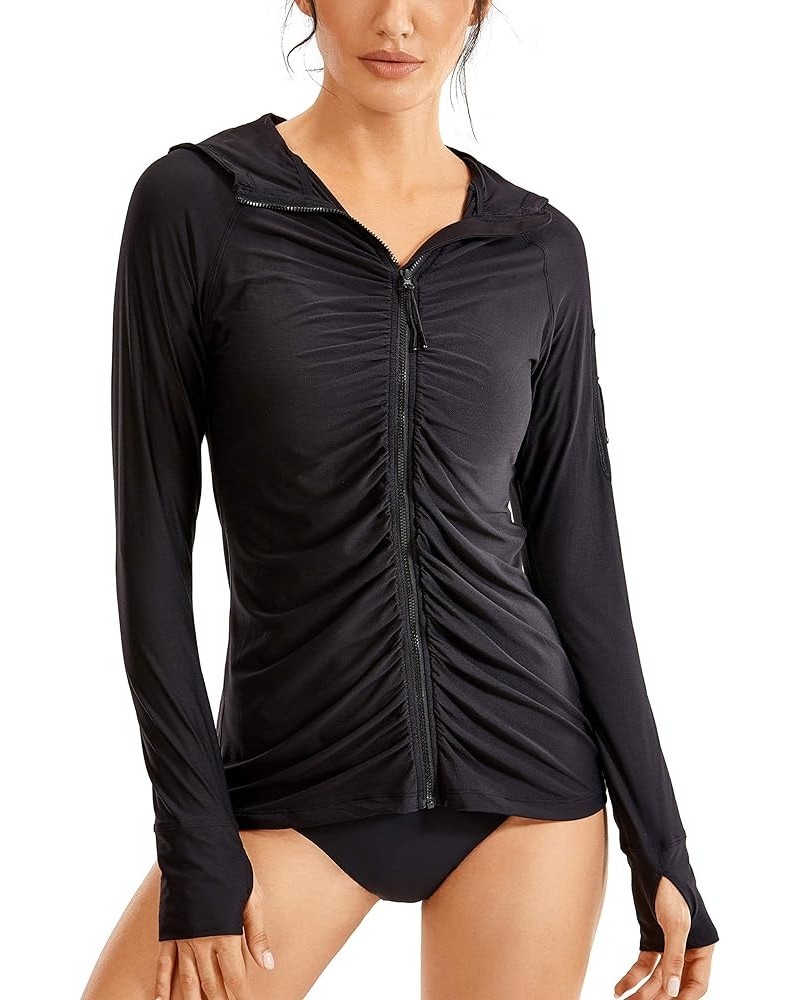 Women's UPF 50+ Long Sleeve Rash Guard Ruched - Zipper Front Hoodie Swimsuit Cover Ups Quick Dry Swim Shirts Black $11.60 Swi...